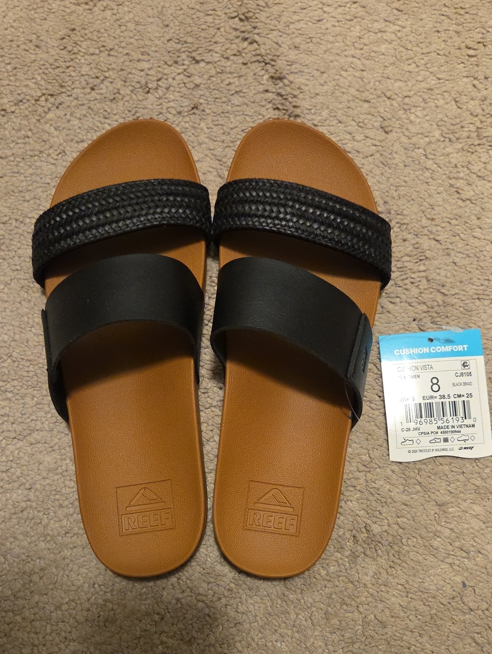 Reef Women’s Black Double‑Strap Slide Sandals with Tan Footbed NWT